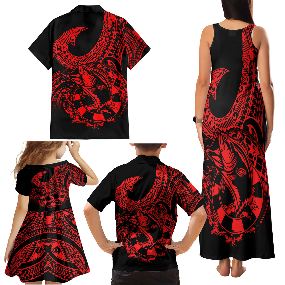 Polynesia Family Matching Tank Maxi Dress and Hawaiian Shirt Fish Hook Tattoo Go Fishing Polynesian Pattern Red - Wonder Print Shop