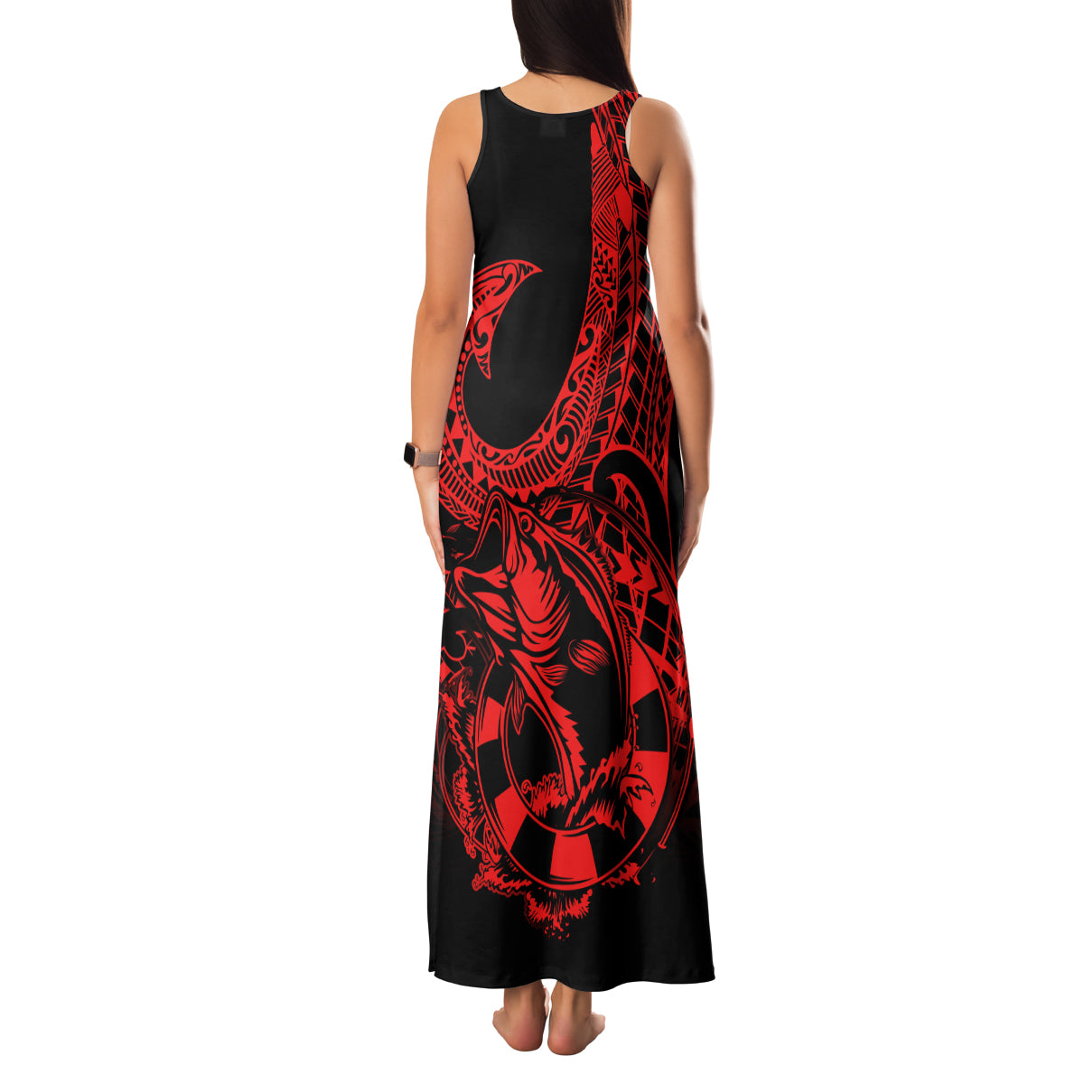 Polynesia Family Matching Tank Maxi Dress and Hawaiian Shirt Fish Hook Tattoo Go Fishing Polynesian Pattern Red - Wonder Print Shop