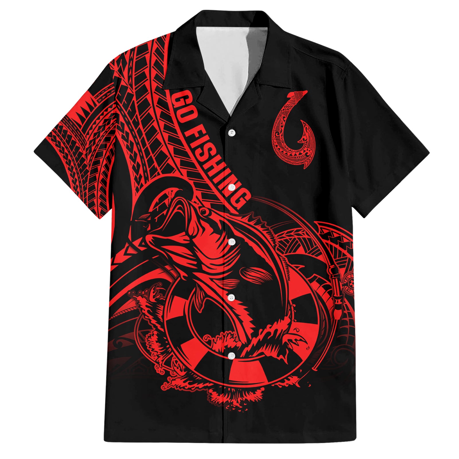 Polynesia Hawaiian Shirt Fish Hook Tattoo Go Fishing Polynesian Pattern Red - Wonder Print Shop