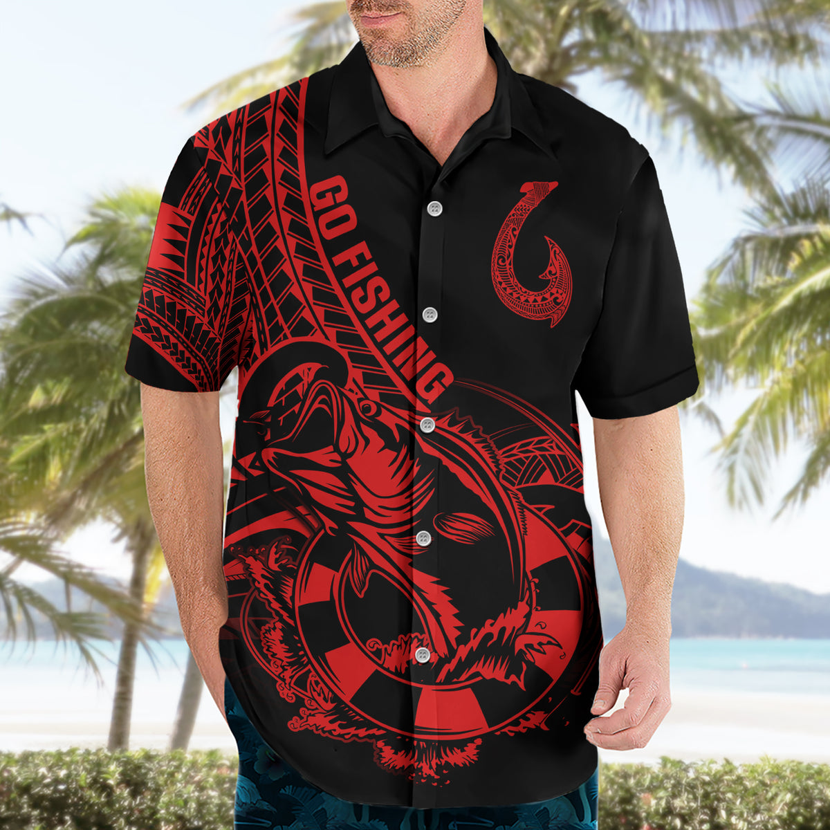 Polynesia Hawaiian Shirt Fish Hook Tattoo Go Fishing Polynesian Pattern Red - Wonder Print Shop