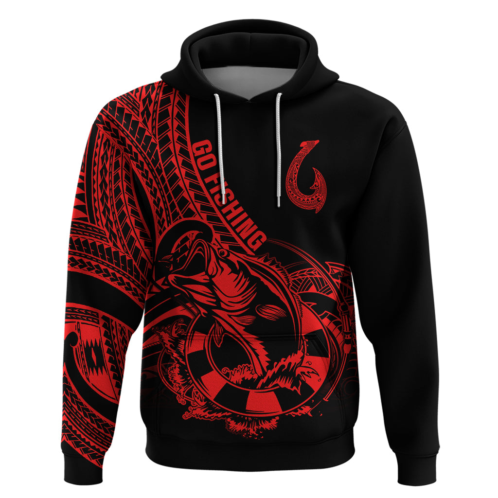 Polynesia Hoodie Fish Hook Tattoo Go Fishing Polynesian Pattern Red - Wonder Print Shop