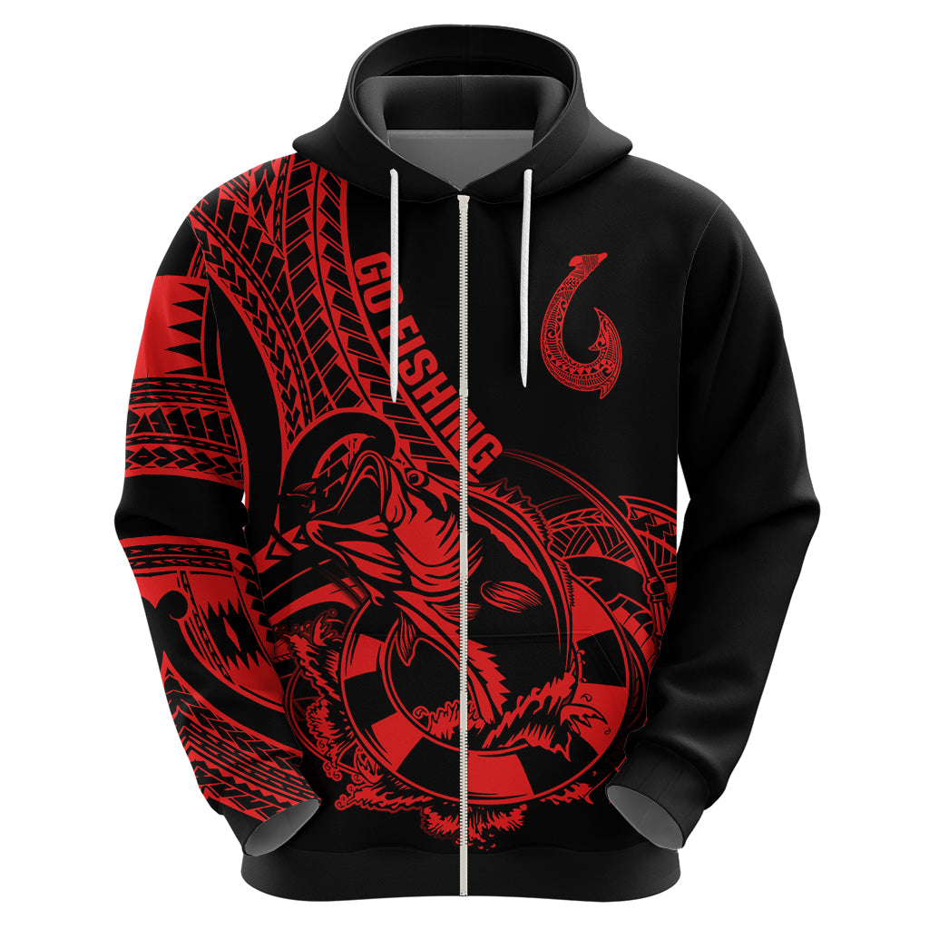 Polynesia Hoodie Fish Hook Tattoo Go Fishing Polynesian Pattern Red - Wonder Print Shop