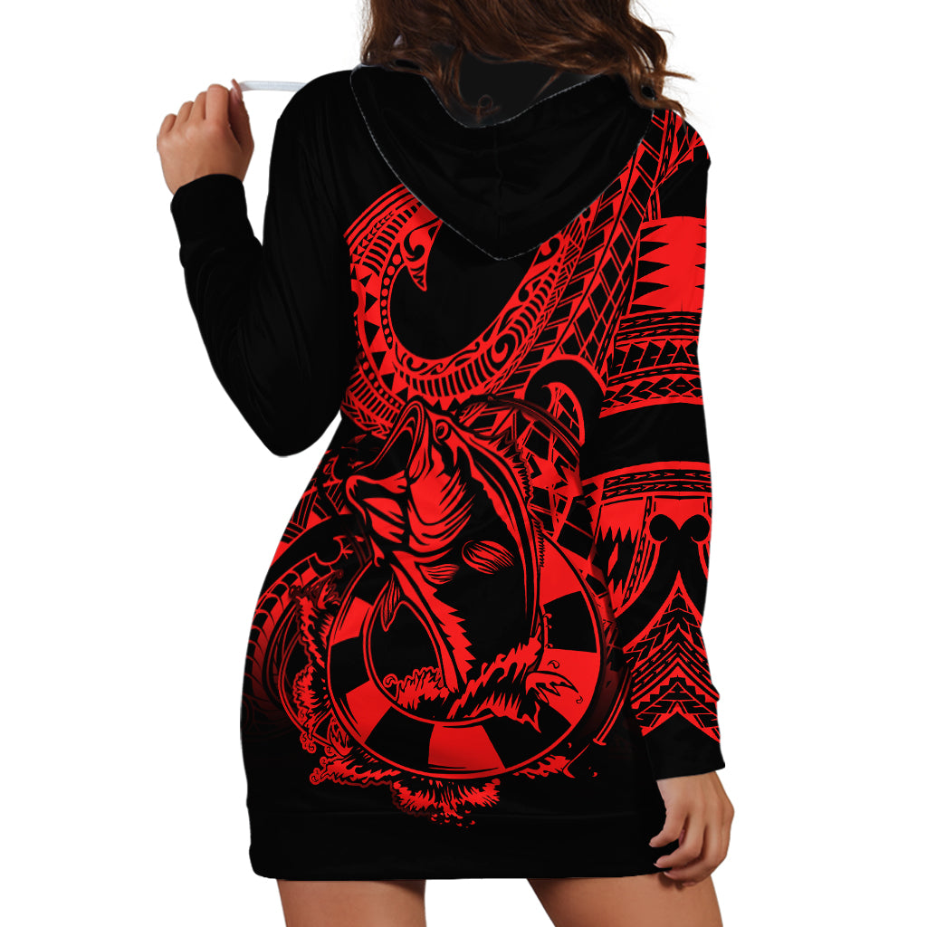Polynesia Hoodie Dress Fish Hook Tattoo Go Fishing Polynesian Pattern Red - Wonder Print Shop