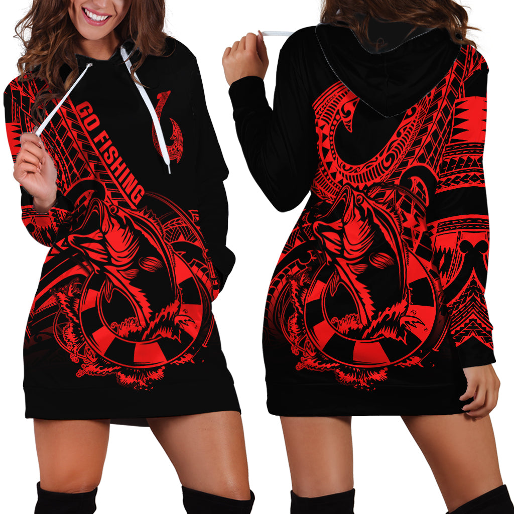 Polynesia Hoodie Dress Fish Hook Tattoo Go Fishing Polynesian Pattern Red - Wonder Print Shop