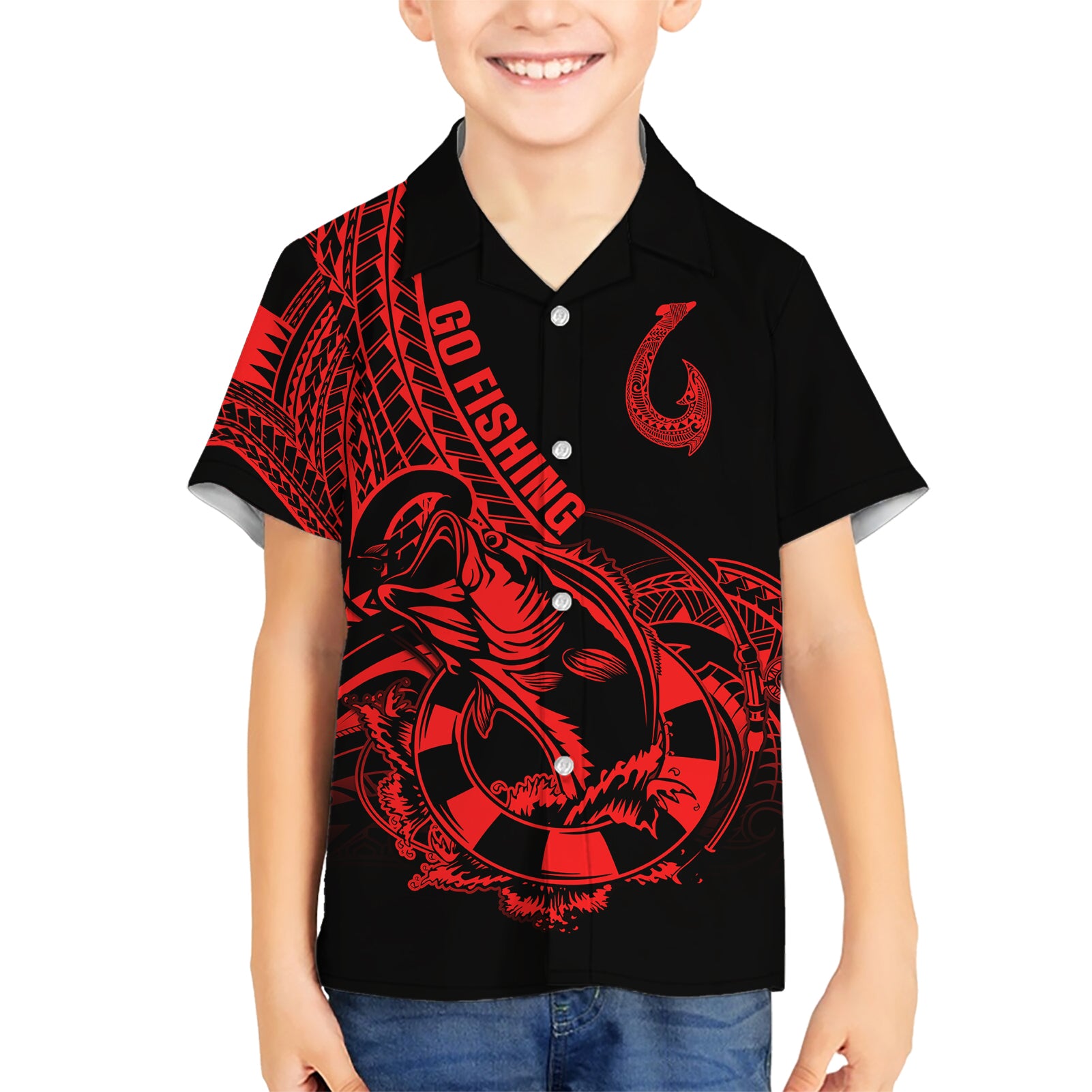 Polynesia Kid Hawaiian Shirt Fish Hook Tattoo Go Fishing Polynesian Pattern Red - Wonder Print Shop