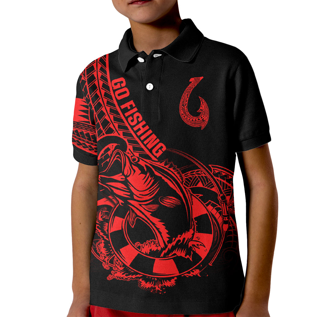 Polynesia Kid Polo Shirt Fish Hook Tattoo Go Fishing Polynesian Pattern Red - Wonder Print Shop