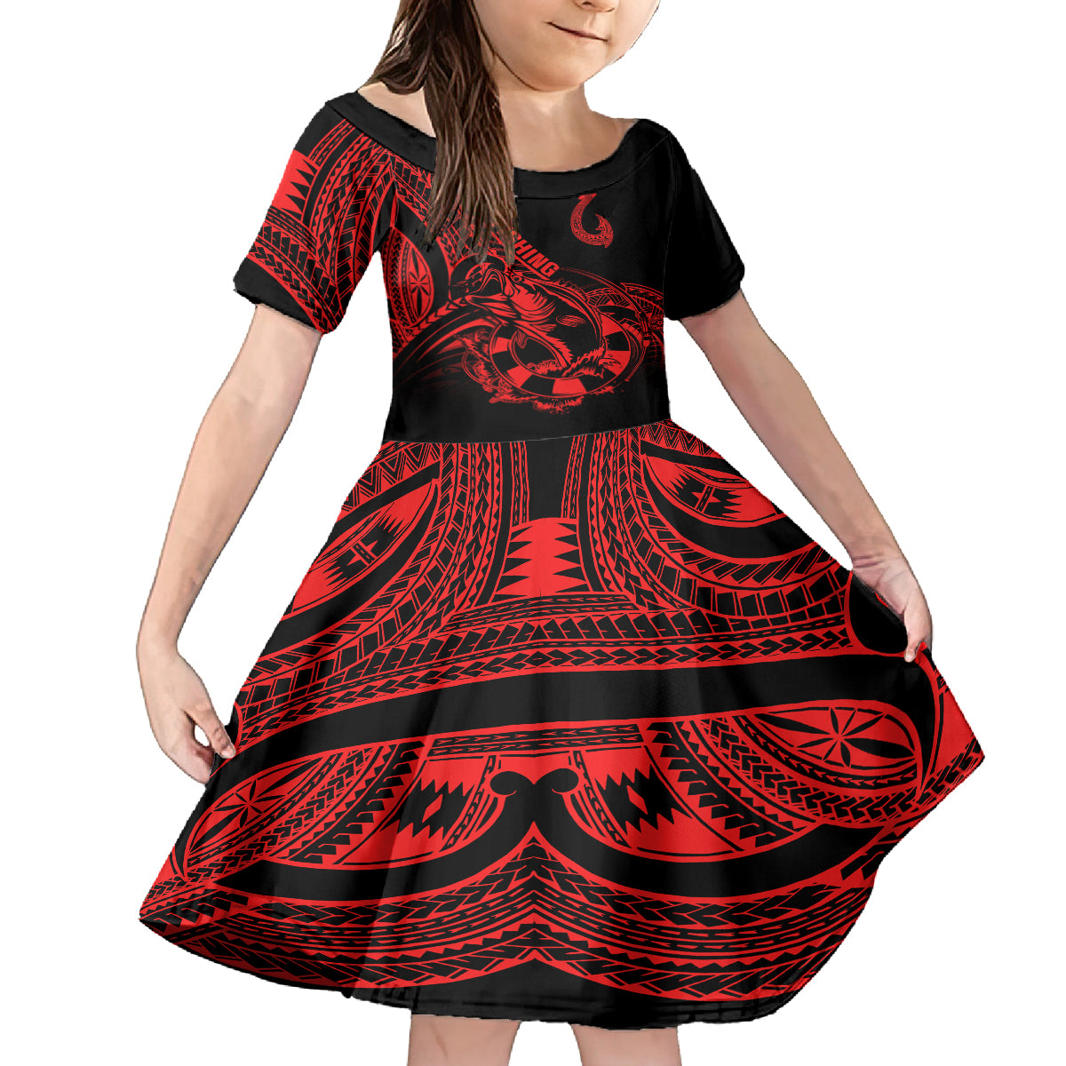 Polynesia Kid Short Sleeve Dress Fish Hook Tattoo Go Fishing Polynesian Pattern Red - Wonder Print Shop