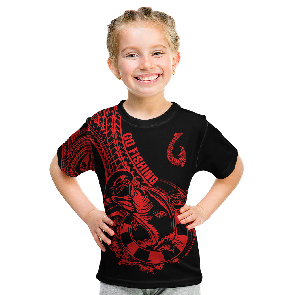 Polynesia Kid T Shirt Fish Hook Tattoo Go Fishing Polynesian Pattern Red - Wonder Print Shop