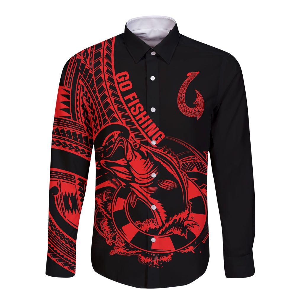 Polynesia Long Sleeve Button Shirt Fish Hook Tattoo Go Fishing Polynesian Pattern Red - Wonder Print Shop