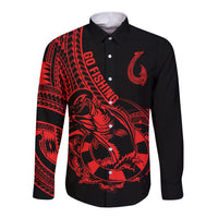 Polynesia Long Sleeve Button Shirt Fish Hook Tattoo Go Fishing Polynesian Pattern Red - Wonder Print Shop