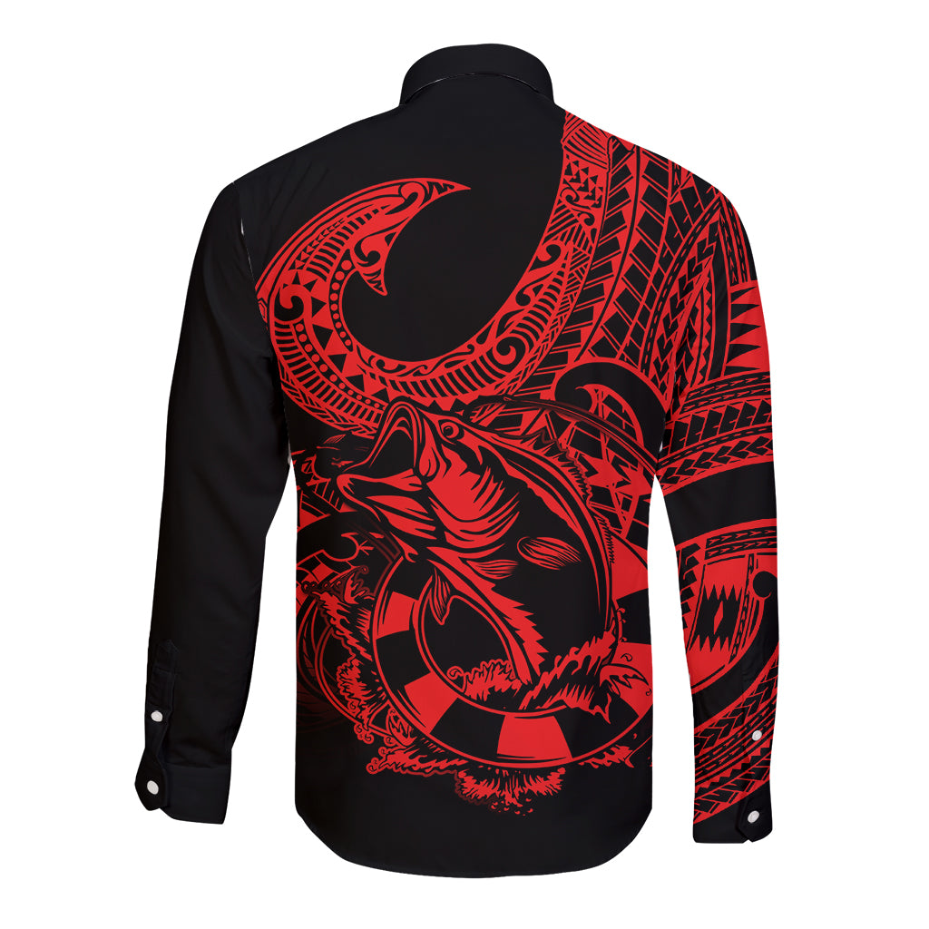 Polynesia Long Sleeve Button Shirt Fish Hook Tattoo Go Fishing Polynesian Pattern Red - Wonder Print Shop