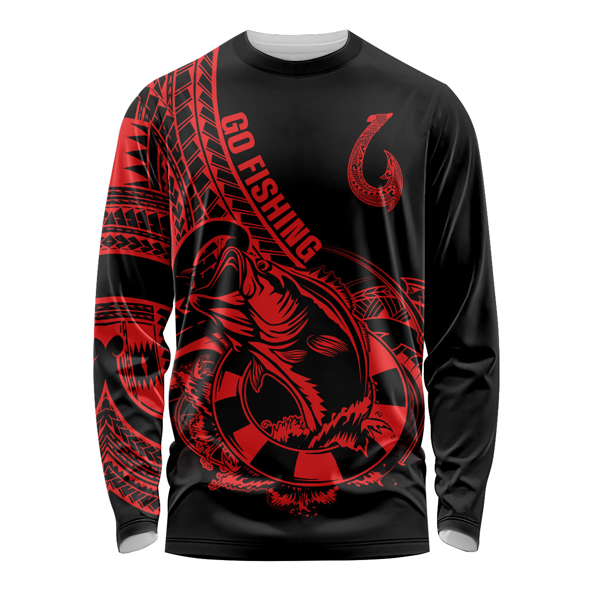 Polynesia Long Sleeve Shirt Fish Hook Tattoo Go Fishing Polynesian Pattern Red - Wonder Print Shop