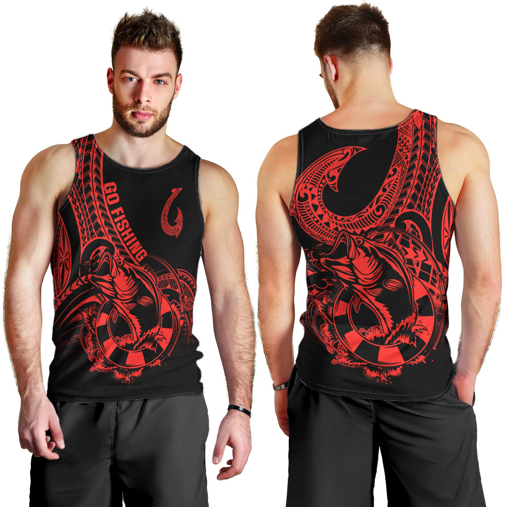 Polynesia Men Tank Top Fish Hook Tattoo Go Fishing Polynesian Pattern Red - Wonder Print Shop