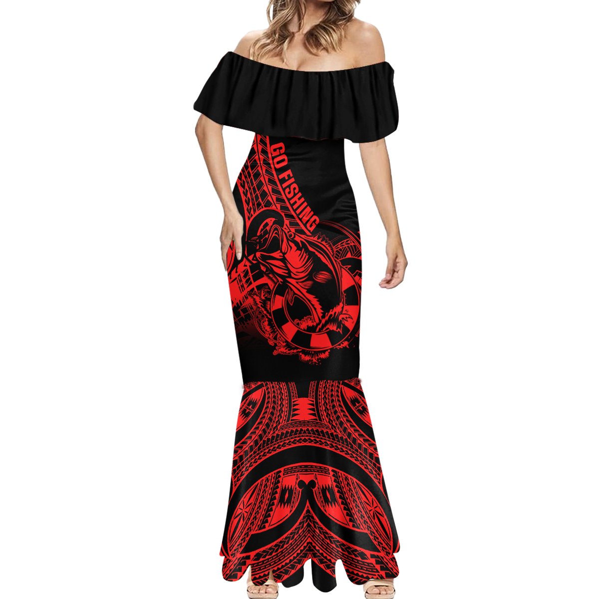 Polynesia Mermaid Dress Fish Hook Tattoo Go Fishing Polynesian Pattern Red - Wonder Print Shop