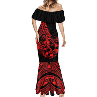 Polynesia Mermaid Dress Fish Hook Tattoo Go Fishing Polynesian Pattern Red - Wonder Print Shop