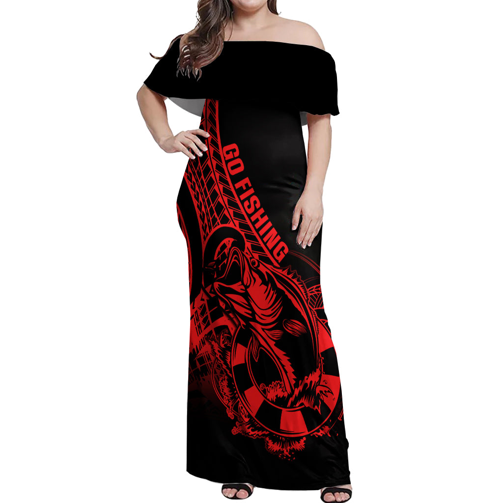 Polynesia Off Shoulder Maxi Dress Fish Hook Tattoo Go Fishing Polynesian Pattern Red - Wonder Print Shop