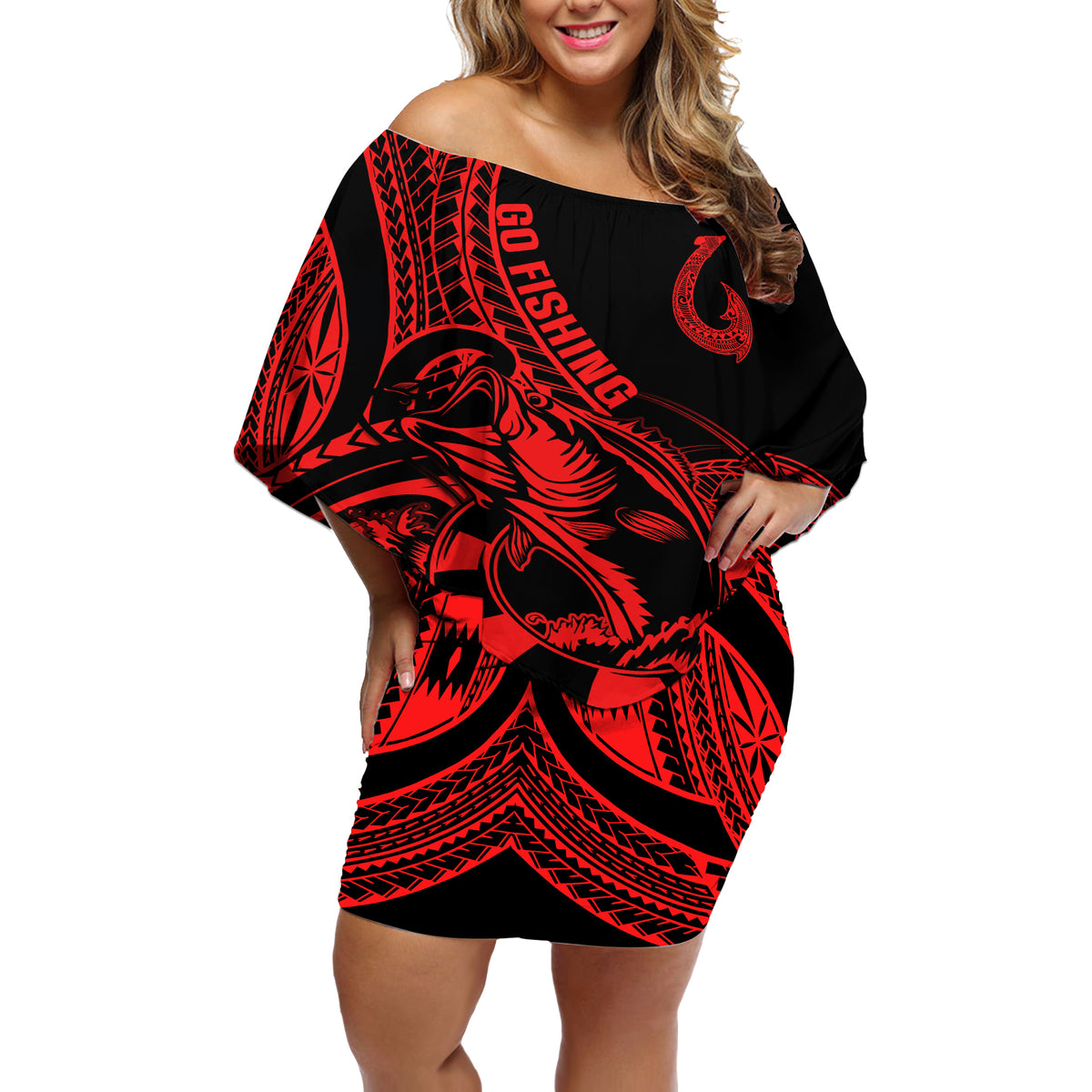 Polynesia Off Shoulder Short Dress Fish Hook Tattoo Go Fishing Polynesian Pattern Red - Wonder Print Shop