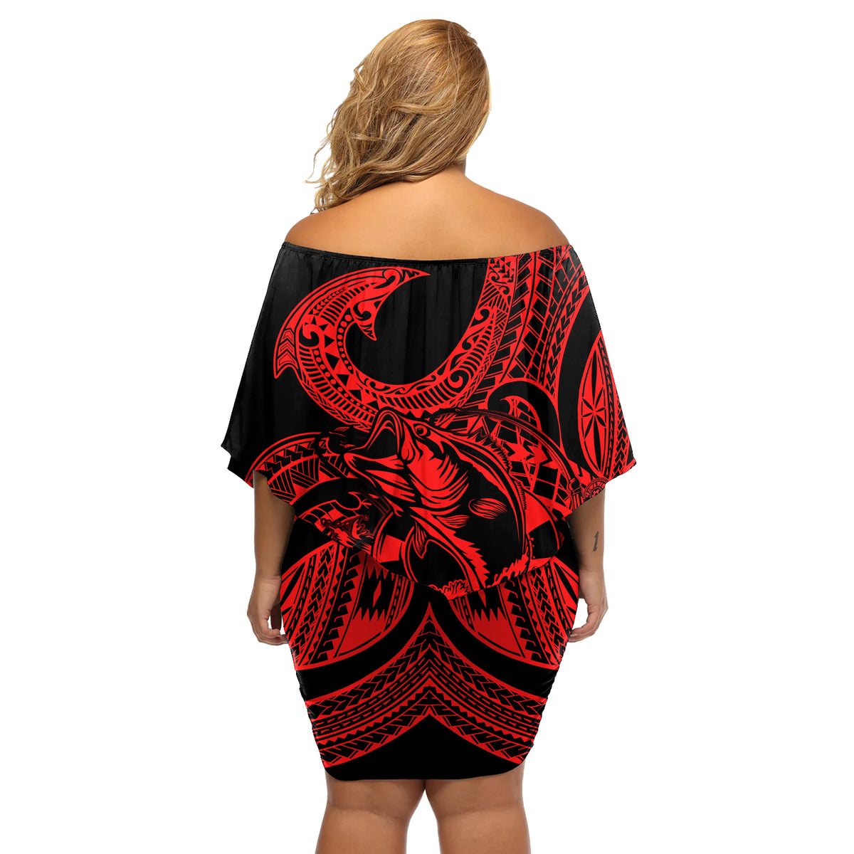 Polynesia Off Shoulder Short Dress Fish Hook Tattoo Go Fishing Polynesian Pattern Red - Wonder Print Shop