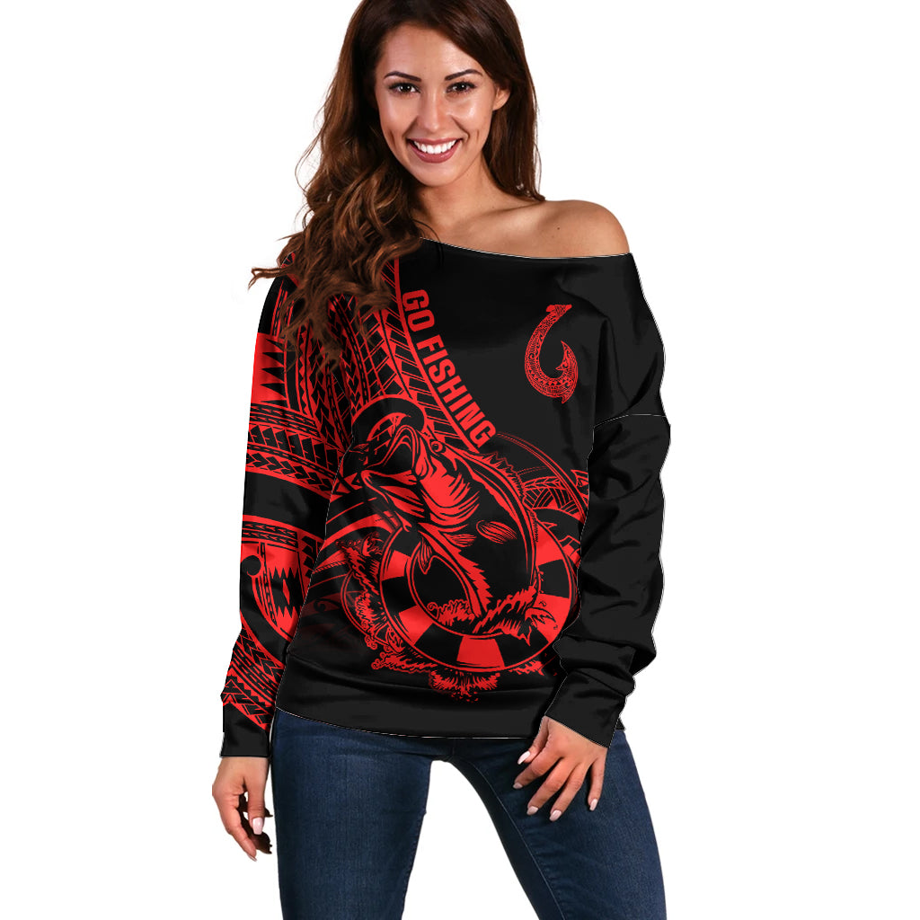 Polynesia Off Shoulder Sweater Fish Hook Tattoo Go Fishing Polynesian Pattern Red - Wonder Print Shop