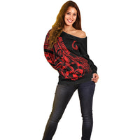 Polynesia Off Shoulder Sweater Fish Hook Tattoo Go Fishing Polynesian Pattern Red - Wonder Print Shop