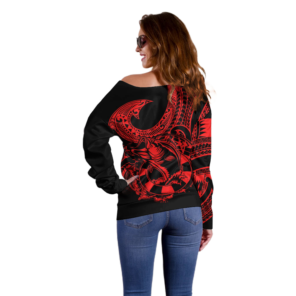 Polynesia Off Shoulder Sweater Fish Hook Tattoo Go Fishing Polynesian Pattern Red - Wonder Print Shop