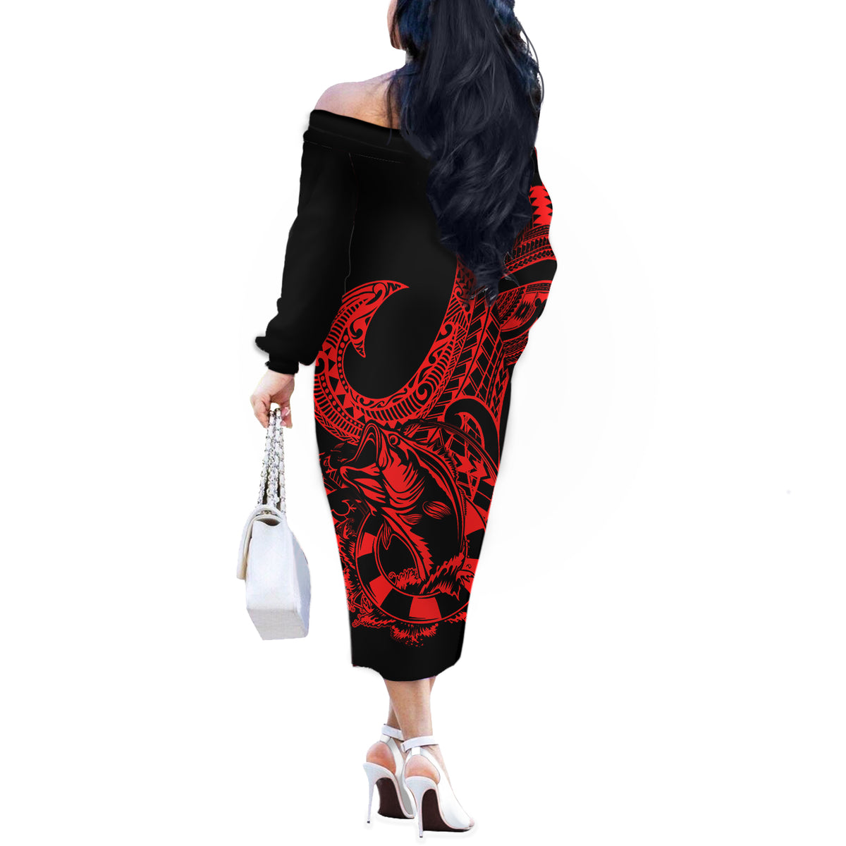 Polynesia Off The Shoulder Long Sleeve Dress Fish Hook Tattoo Go Fishing Polynesian Pattern Red - Wonder Print Shop