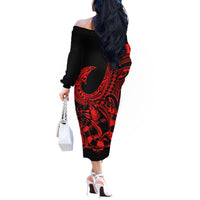 Polynesia Off The Shoulder Long Sleeve Dress Fish Hook Tattoo Go Fishing Polynesian Pattern Red - Wonder Print Shop