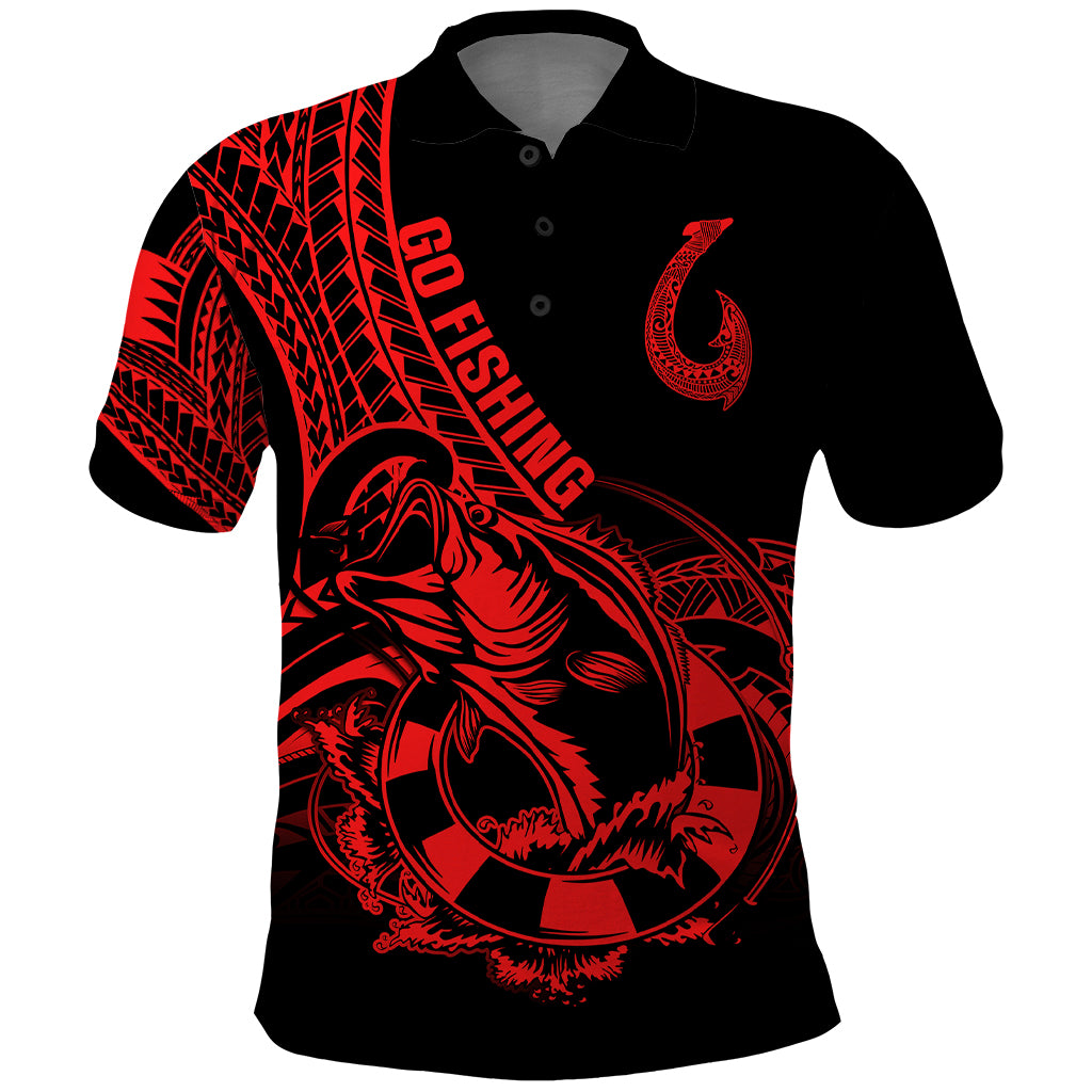 Polynesia Polo Shirt Fish Hook Tattoo Go Fishing Polynesian Pattern Red - Wonder Print Shop