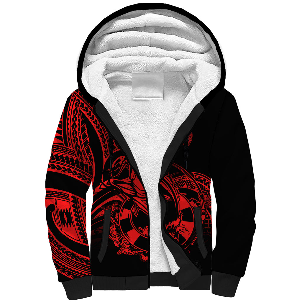 Polynesia Sherpa Hoodie Fish Hook Tattoo Go Fishing Polynesian Pattern Red - Wonder Print Shop
