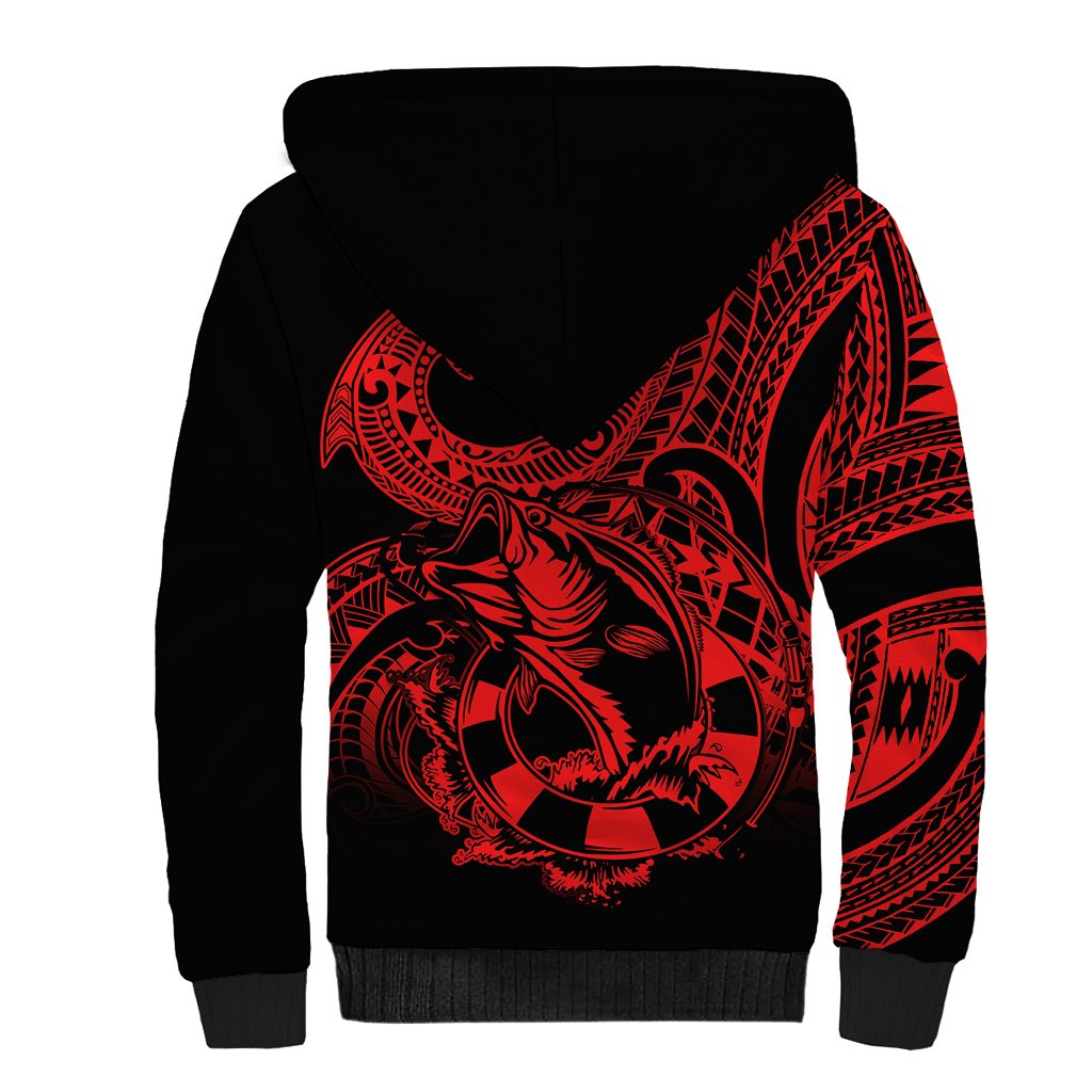Polynesia Sherpa Hoodie Fish Hook Tattoo Go Fishing Polynesian Pattern Red - Wonder Print Shop
