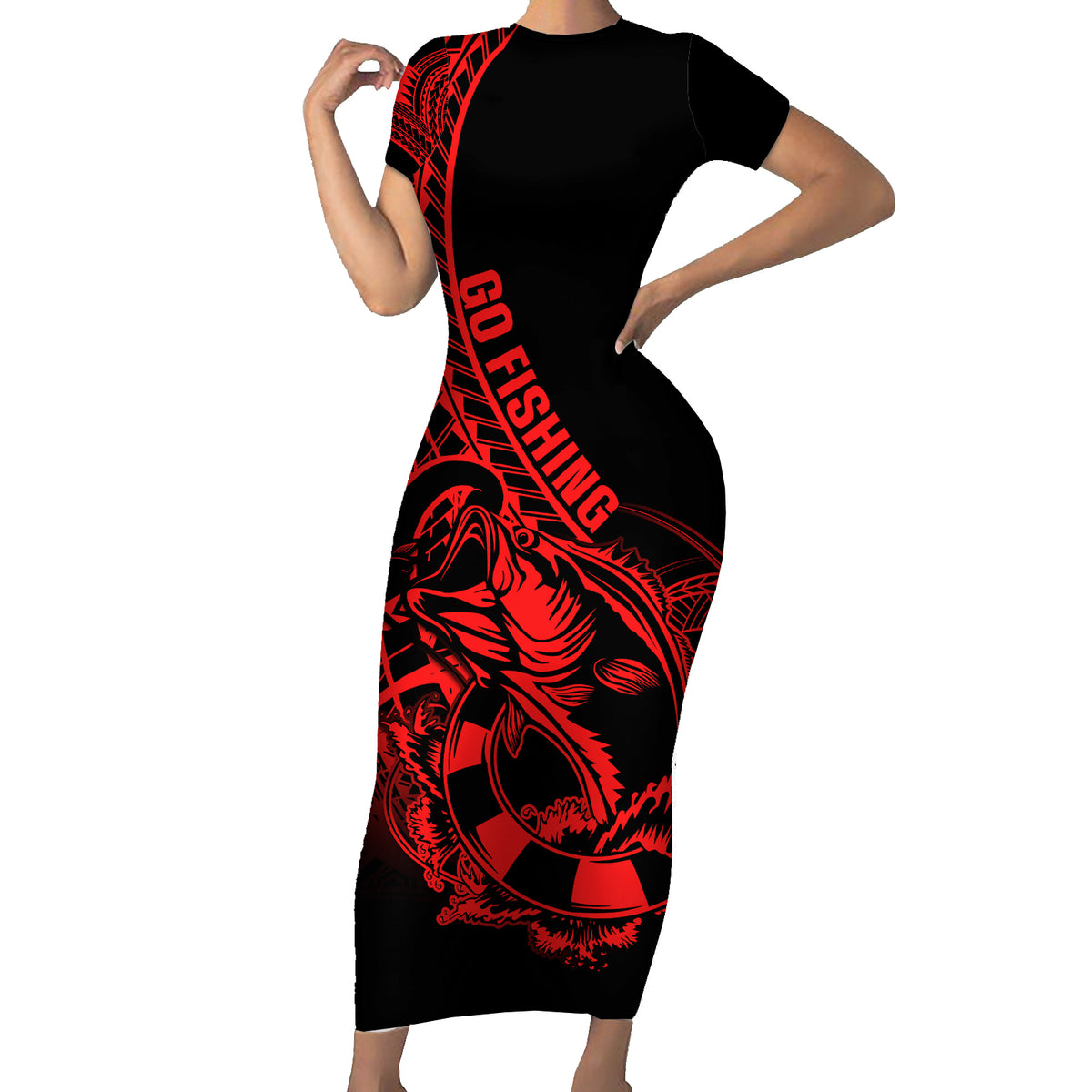 Polynesia Short Sleeve Bodycon Dress Fish Hook Tattoo Go Fishing Polynesian Pattern Red - Wonder Print Shop