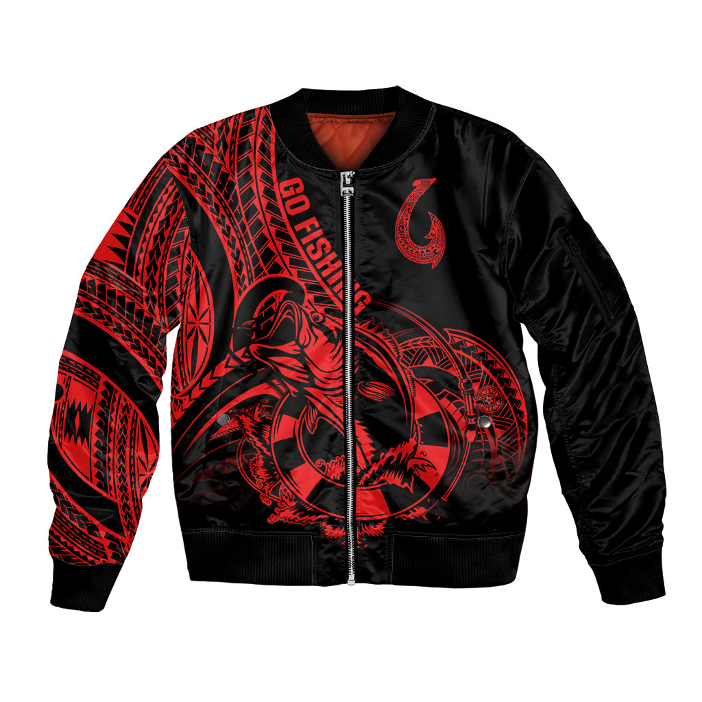 Polynesia Sleeve Zip Bomber Jacket Fish Hook Tattoo Go Fishing Polynesian Pattern Red - Wonder Print Shop