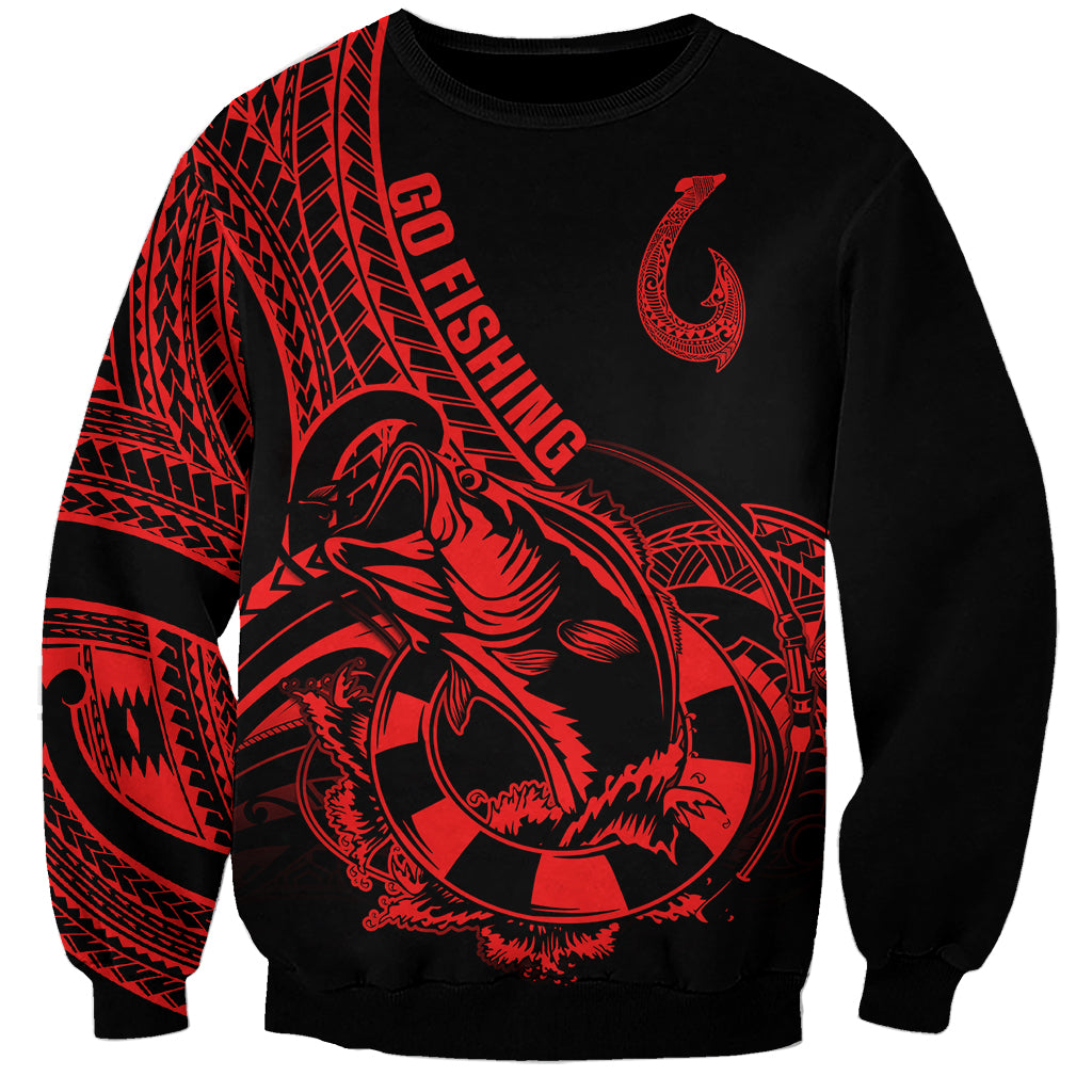 Polynesia Sweatshirt Fish Hook Tattoo Go Fishing Polynesian Pattern Red - Wonder Print Shop