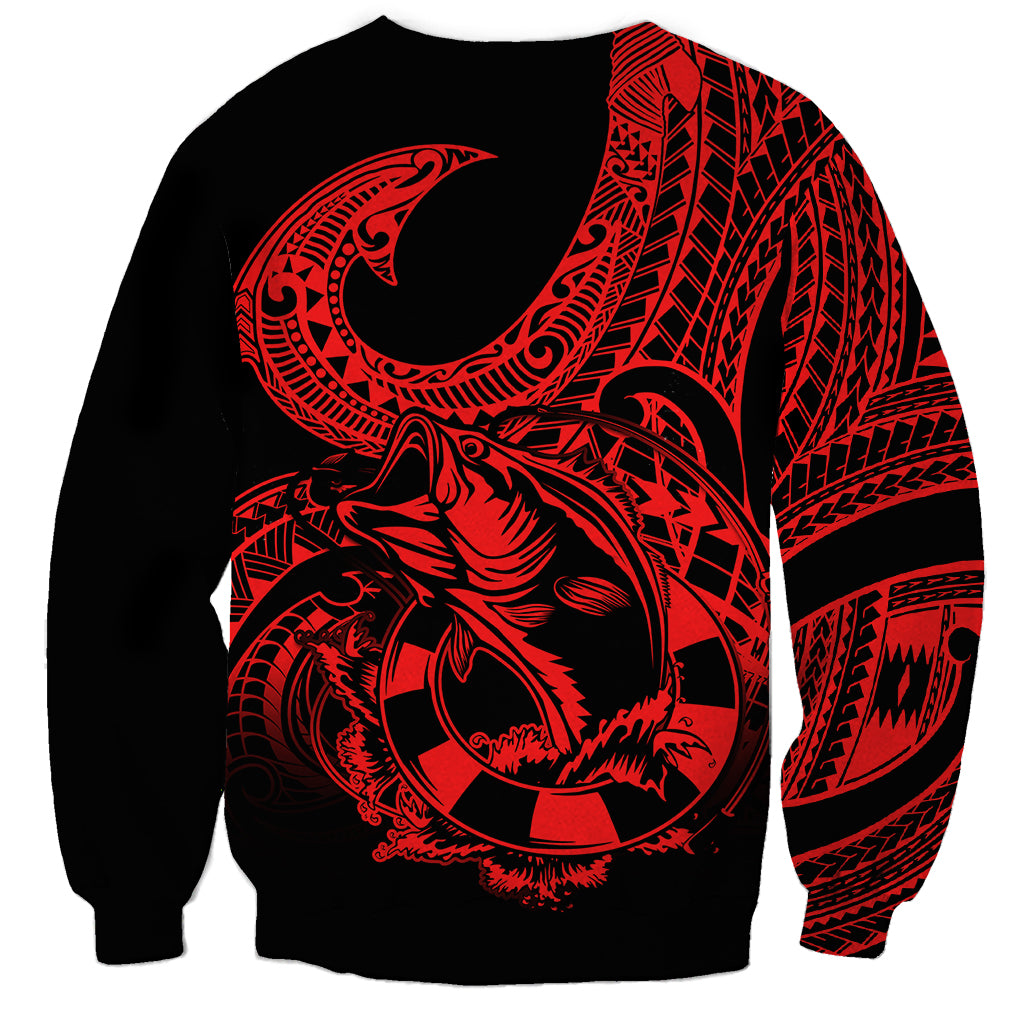 Polynesia Sweatshirt Fish Hook Tattoo Go Fishing Polynesian Pattern Red - Wonder Print Shop