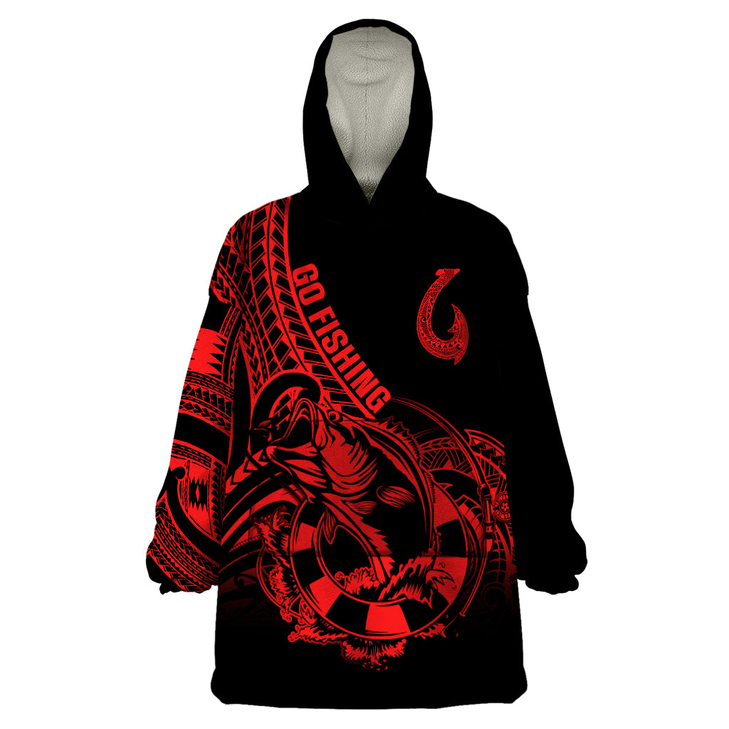 Polynesia Wearable Blanket Hoodie Fish Hook Tattoo Go Fishing Polynesian Pattern Red - Wonder Print Shop