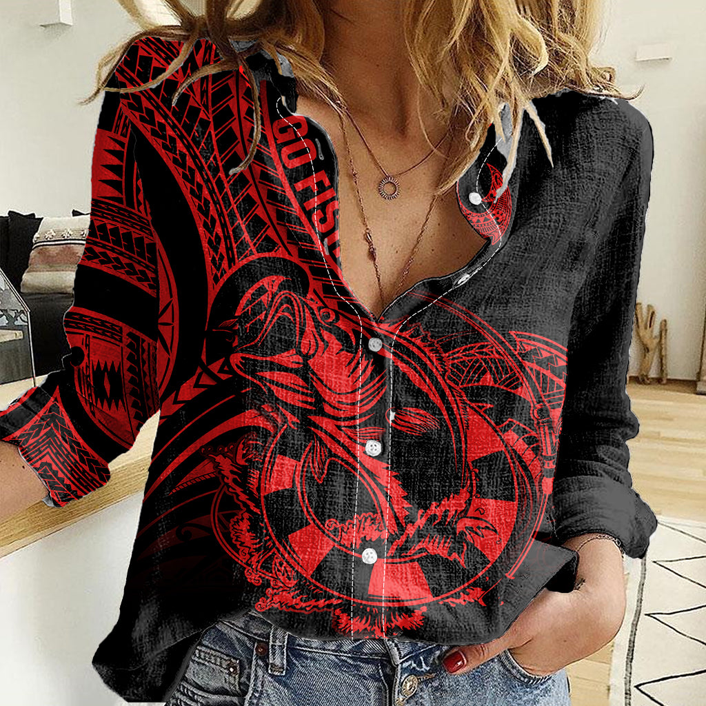 Polynesia Women Casual Shirt Fish Hook Tattoo Go Fishing Polynesian Pattern Red - Wonder Print Shop