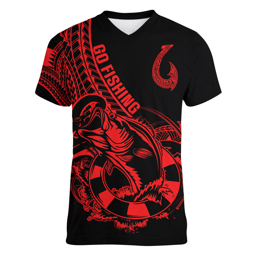 Polynesia Women V Neck T Shirt Fish Hook Tattoo Go Fishing Polynesian Pattern Red - Wonder Print Shop