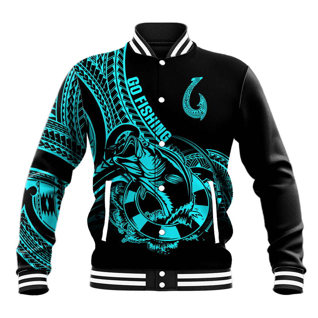 Polynesia Baseball Jacket Fish Hook Tattoo Go Fishing Polynesian Pattern Turquosie - Wonder Print Shop