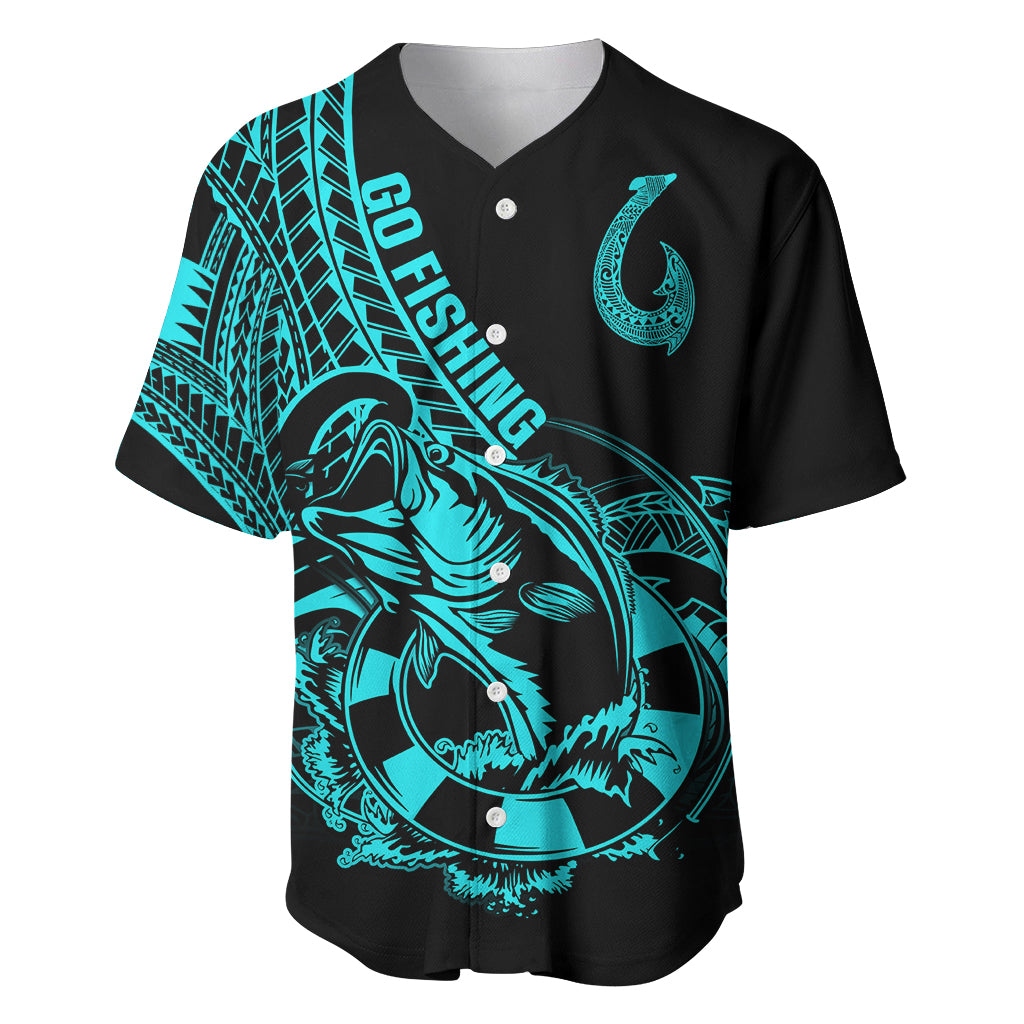 Polynesia Baseball Jersey Fish Hook Tattoo Go Fishing Polynesian Pattern Turquosie - Wonder Print Shop