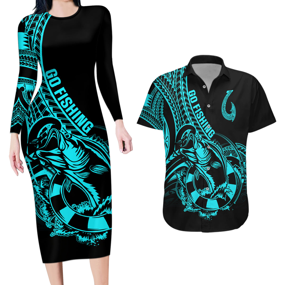 Polynesia Couples Matching Long Sleeve Bodycon Dress and Hawaiian Shirt Fish Hook Tattoo Go Fishing Polynesian Pattern Turquosie - Wonder Print Shop