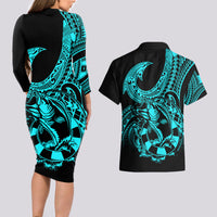 Polynesia Couples Matching Long Sleeve Bodycon Dress and Hawaiian Shirt Fish Hook Tattoo Go Fishing Polynesian Pattern Turquosie - Wonder Print Shop