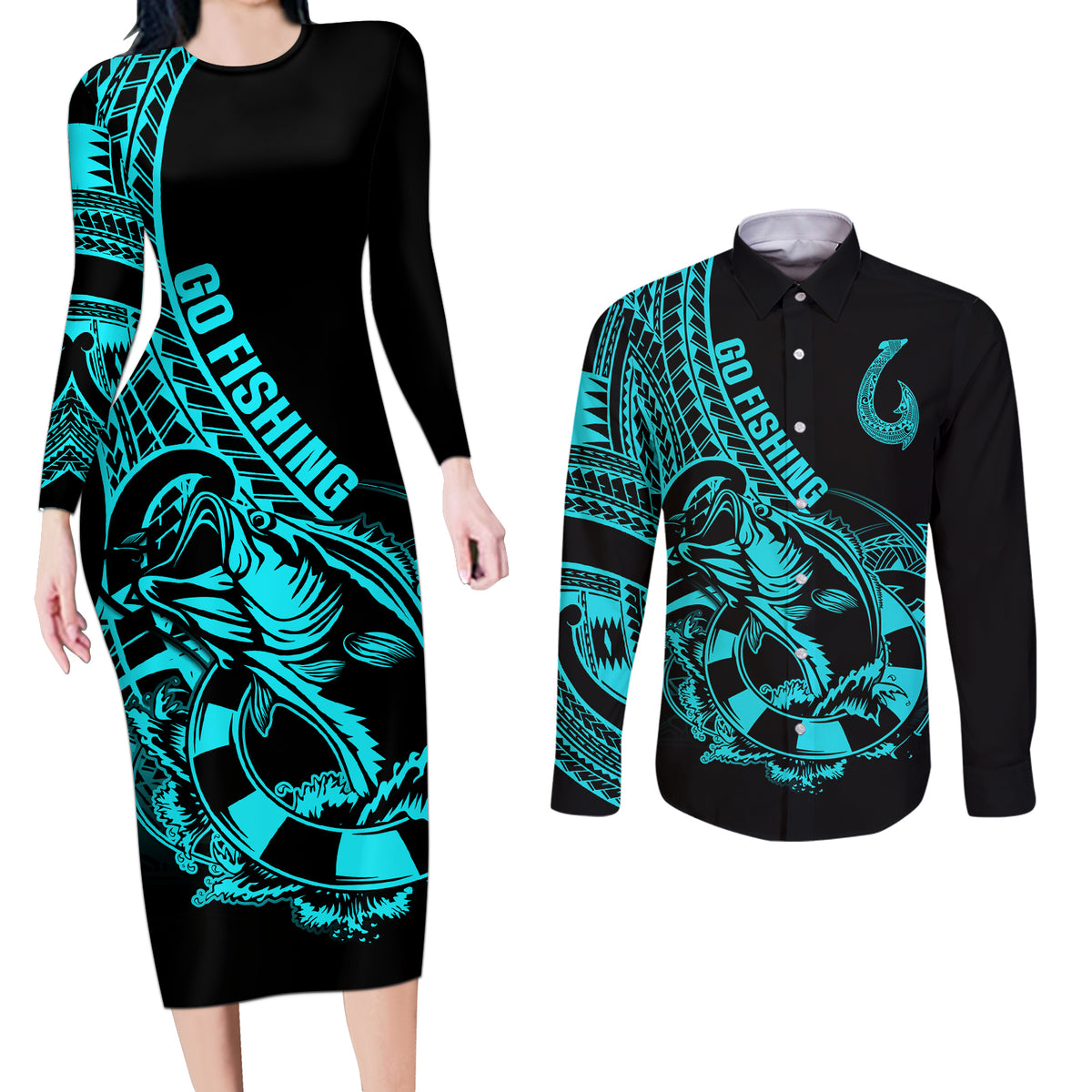 Polynesia Couples Matching Long Sleeve Bodycon Dress and Long Sleeve Button Shirts Fish Hook Tattoo Go Fishing Polynesian Pattern Turquosie - Wonder Print Shop