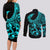 Polynesia Couples Matching Long Sleeve Bodycon Dress and Long Sleeve Button Shirts Fish Hook Tattoo Go Fishing Polynesian Pattern Turquosie - Wonder Print Shop