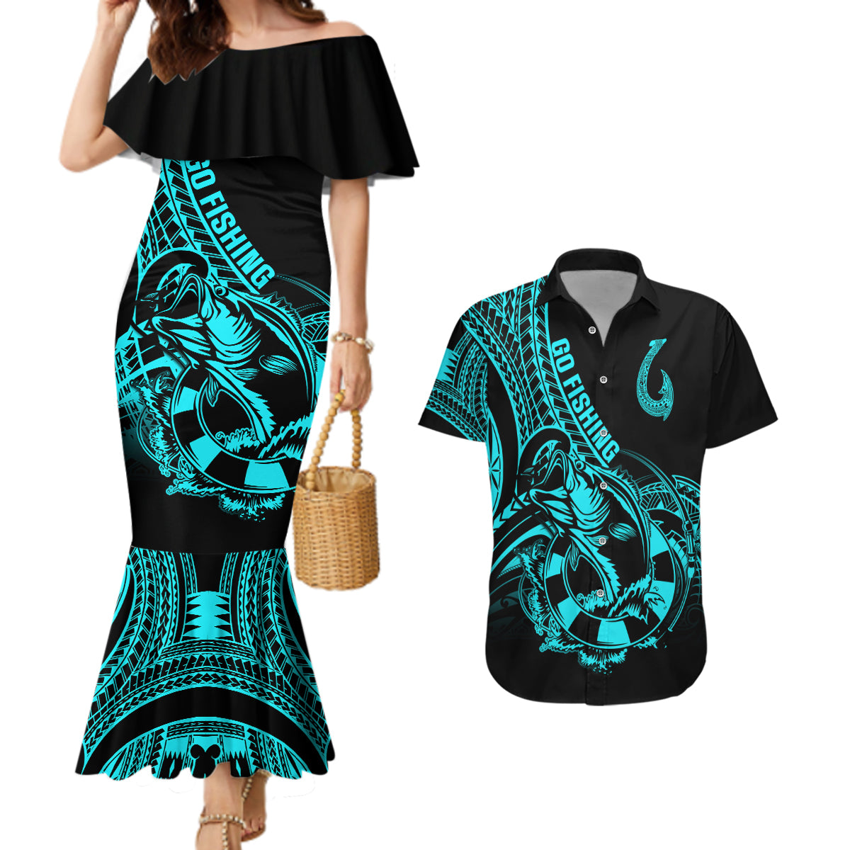Polynesia Couples Matching Mermaid Dress and Hawaiian Shirt Fish Hook Tattoo Go Fishing Polynesian Pattern Turquosie - Wonder Print Shop