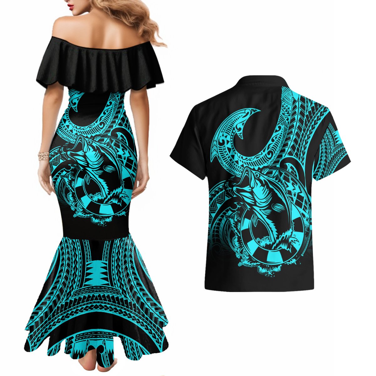 Polynesia Couples Matching Mermaid Dress and Hawaiian Shirt Fish Hook Tattoo Go Fishing Polynesian Pattern Turquosie - Wonder Print Shop