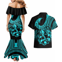 Polynesia Couples Matching Mermaid Dress and Hawaiian Shirt Fish Hook Tattoo Go Fishing Polynesian Pattern Turquosie - Wonder Print Shop