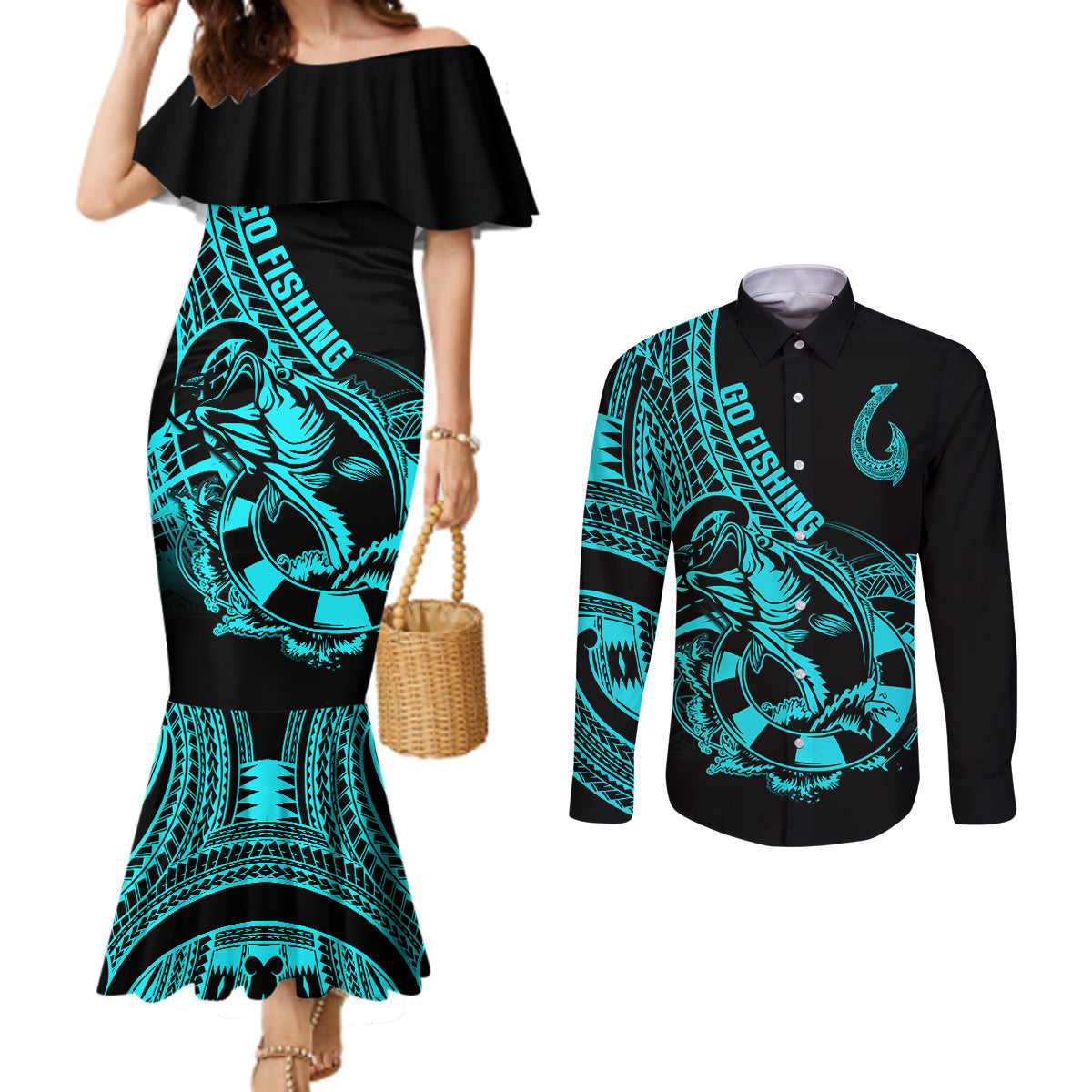polynesia-couples-matching-mermaid-dress-and-long-sleeve-button-shirts-fish-hook-tattoo-go-fishing-polynesian-pattern-turquosie