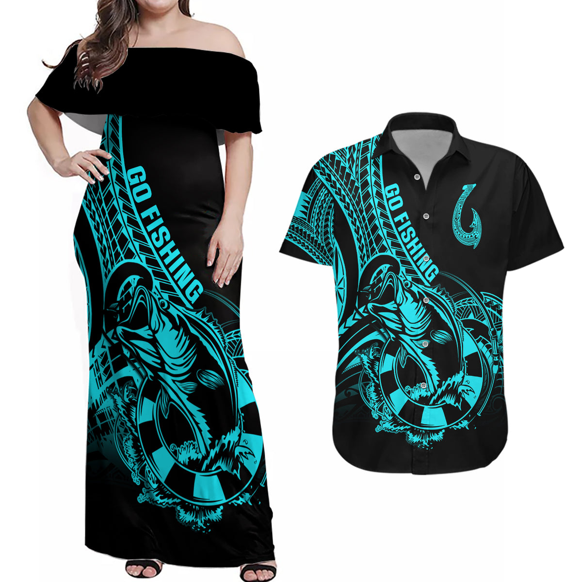 Polynesia Couples Matching Off Shoulder Maxi Dress and Hawaiian Shirt Fish Hook Tattoo Go Fishing Polynesian Pattern Turquosie - Wonder Print Shop
