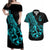 Polynesia Couples Matching Off Shoulder Maxi Dress and Hawaiian Shirt Fish Hook Tattoo Go Fishing Polynesian Pattern Turquosie - Wonder Print Shop