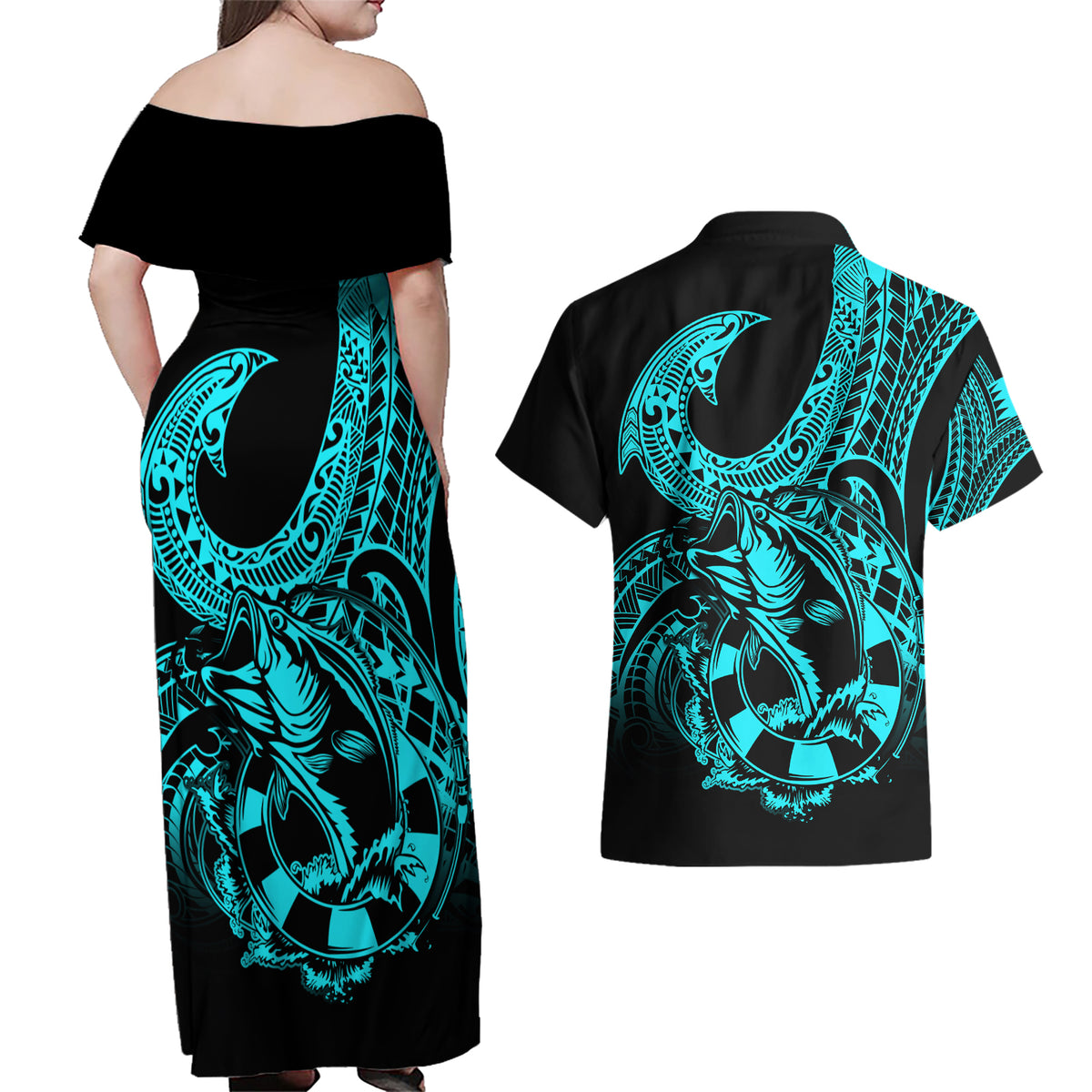 Polynesia Couples Matching Off Shoulder Maxi Dress and Hawaiian Shirt Fish Hook Tattoo Go Fishing Polynesian Pattern Turquosie - Wonder Print Shop